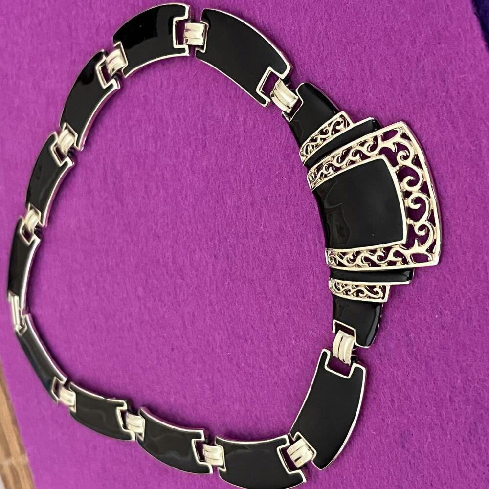 16" Silvertone Black Enamel Placard Choker/Necklace